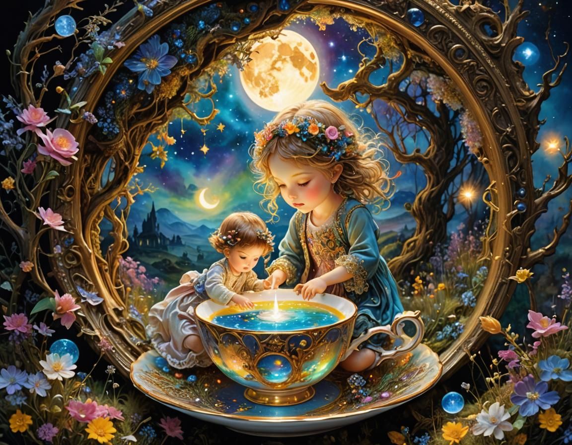 Miniature World Teacup Art: Children Playing