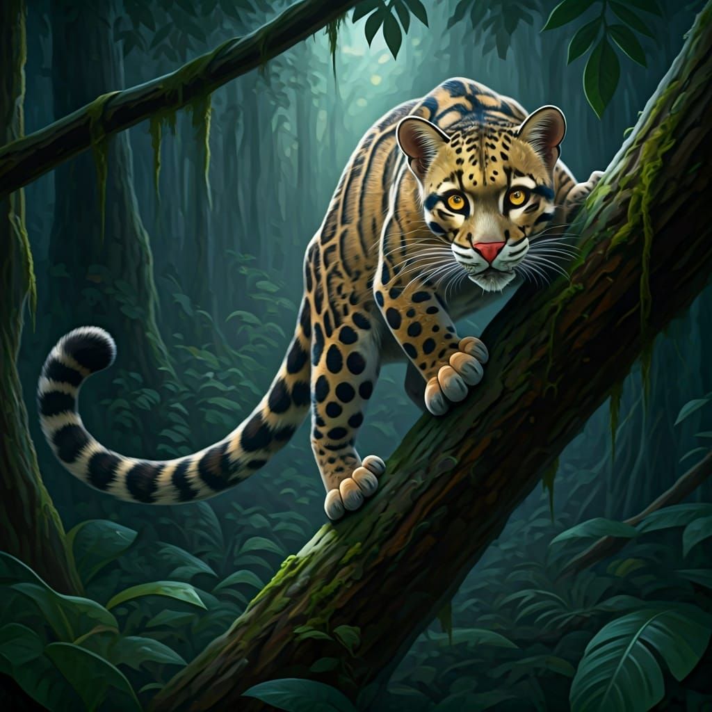 Clouded Leopard Climbing Tree Branch: Oil Painting