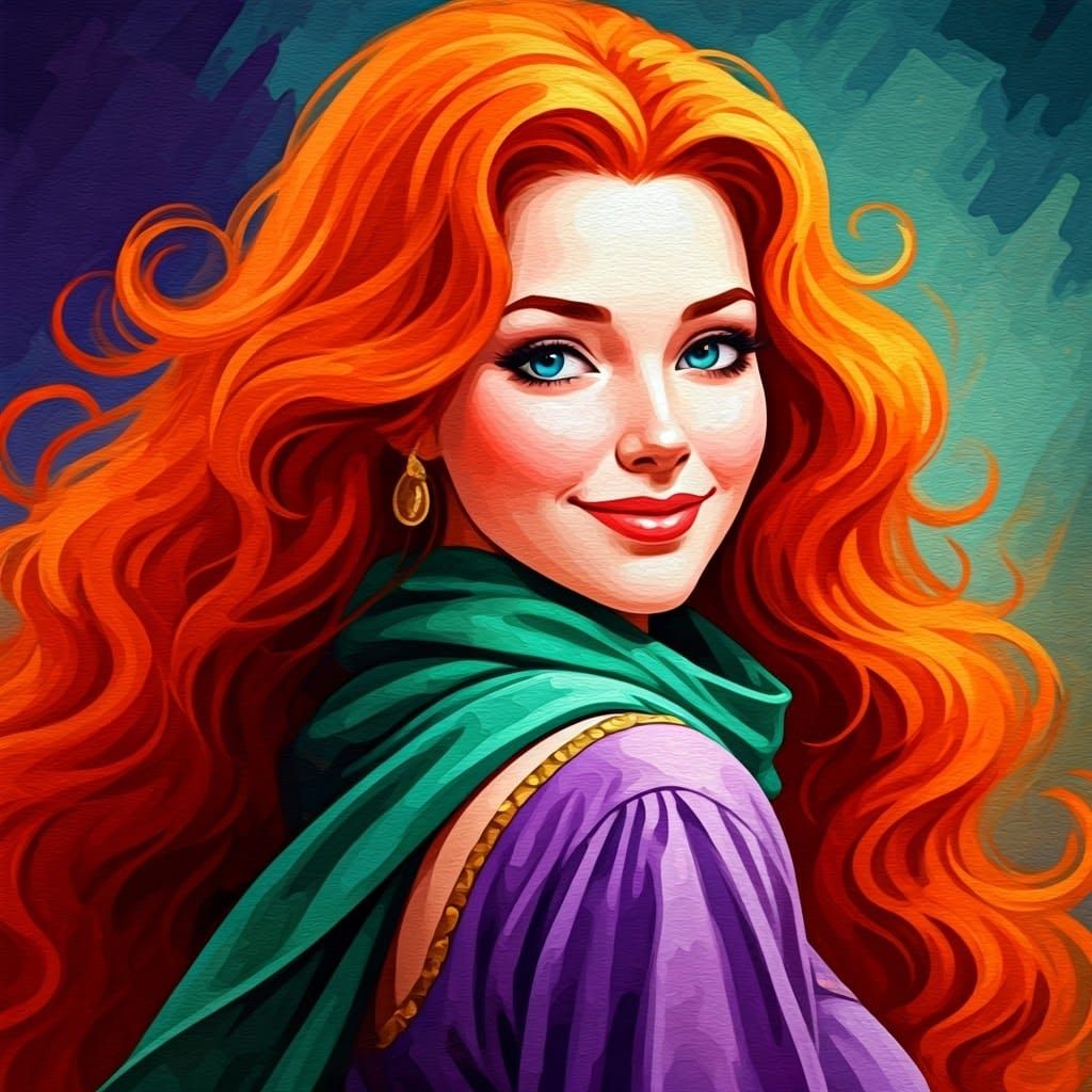 Red-Haired Woman in Impressionist Comic Book Style