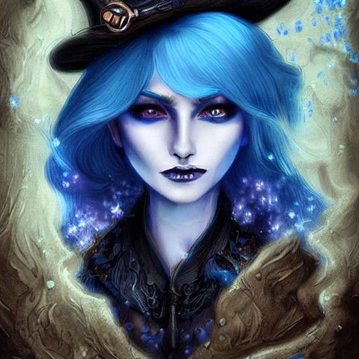 Steampunk Witch with Blue Hair in Digital Art