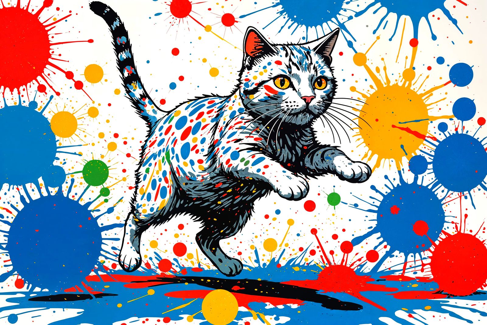 Funny Cat Chasing Toy in Whimsical Ink Drawing