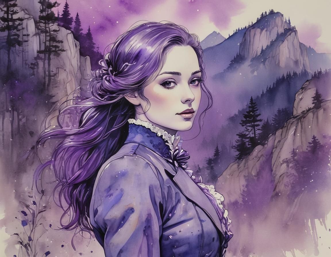 Victorian Woman in Bioluminescent Forest, Ink Art