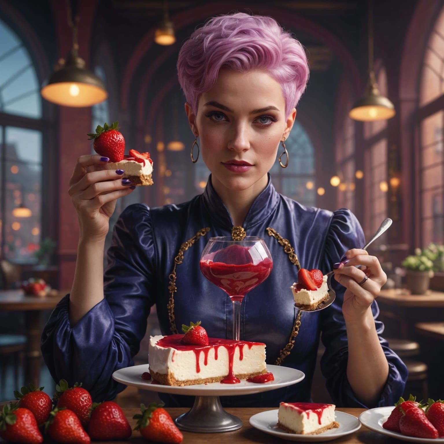 Woman with Cheesecake Slice: Detailed Digital Art