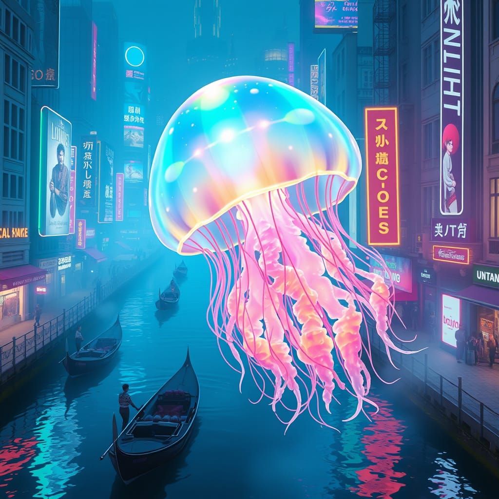 Bioluminescent Jellyfish Drifting Through Neon Cityscape
