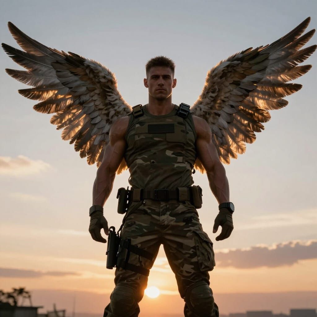 Muscular Angel in Camouflage Combat Gear at Twilight