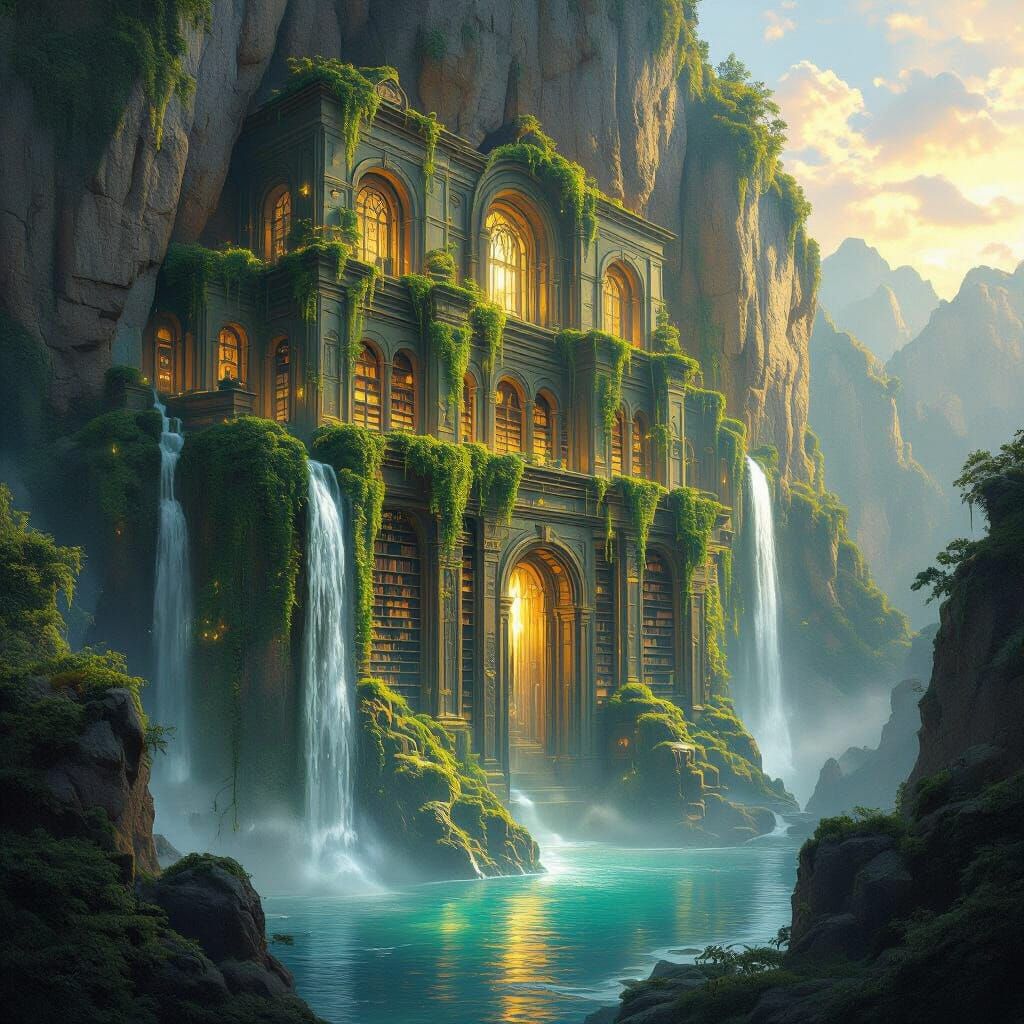 Ancient Cliffside Library with Bioluminescent Vines