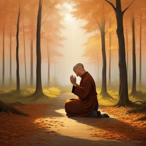 Monk's Autumn Prayer: Vibrant Watercolor Painting