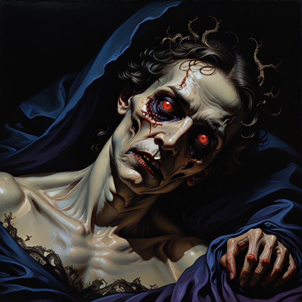 Renaissance Horror: Mutated Corpse in Oil Painting