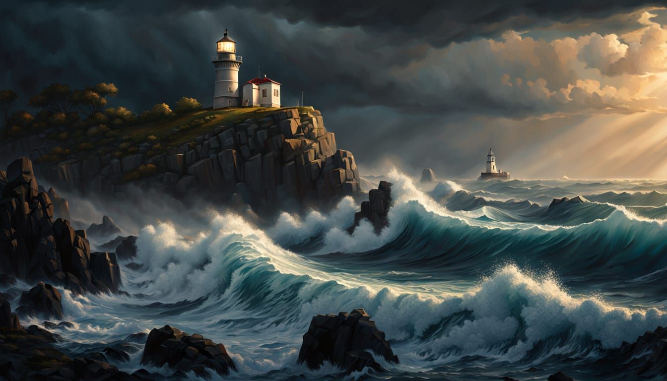 Lighthouse in Stormy Seas: An Oil Painting