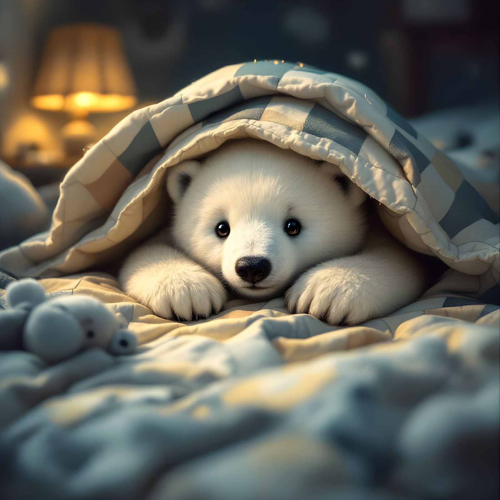 Cute Polar Bear Cub Hides Under Bed Cover in Moody Digital A...