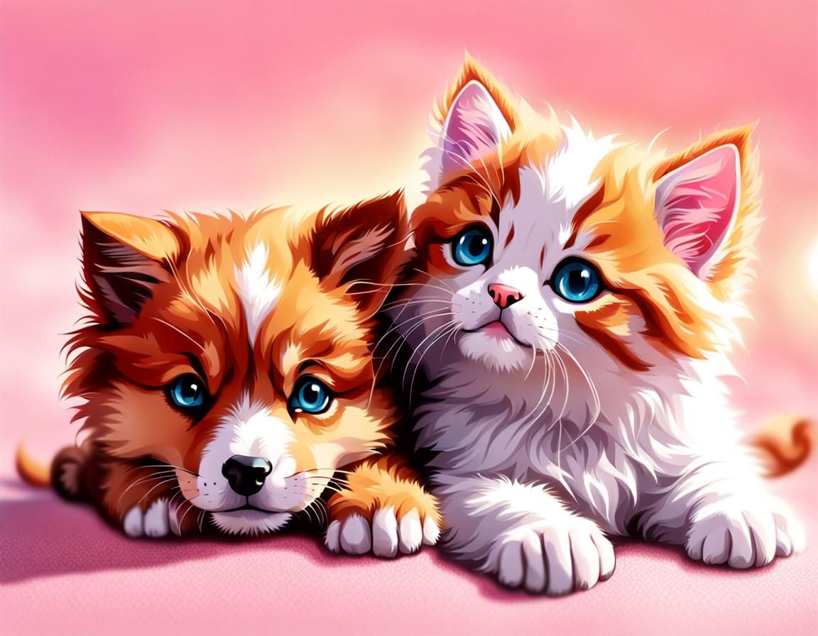 Ultrarealistic Cute Puppy and Kitten Portrait