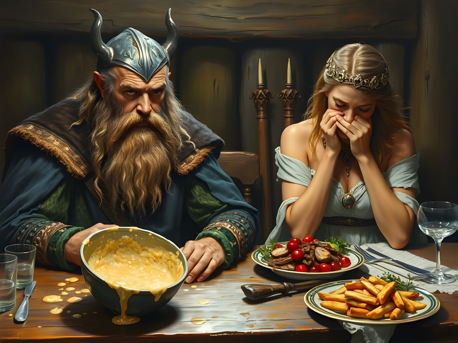 Norse Gods' Culinary Misadventure: An Oil Painting