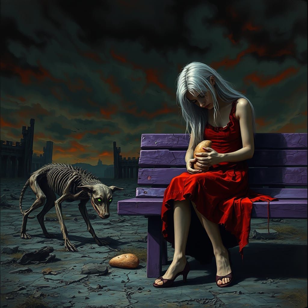 Skeletal Wasteland with Despairing Girl and Dog