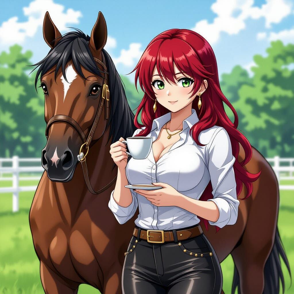 Anime Woman with Crimson Hair Beside Racehorse, Studio Trigg...