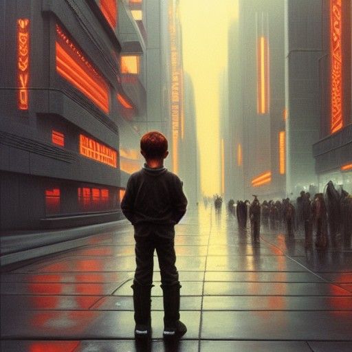 Photorealistic Boy in Blade Runner Cityscape