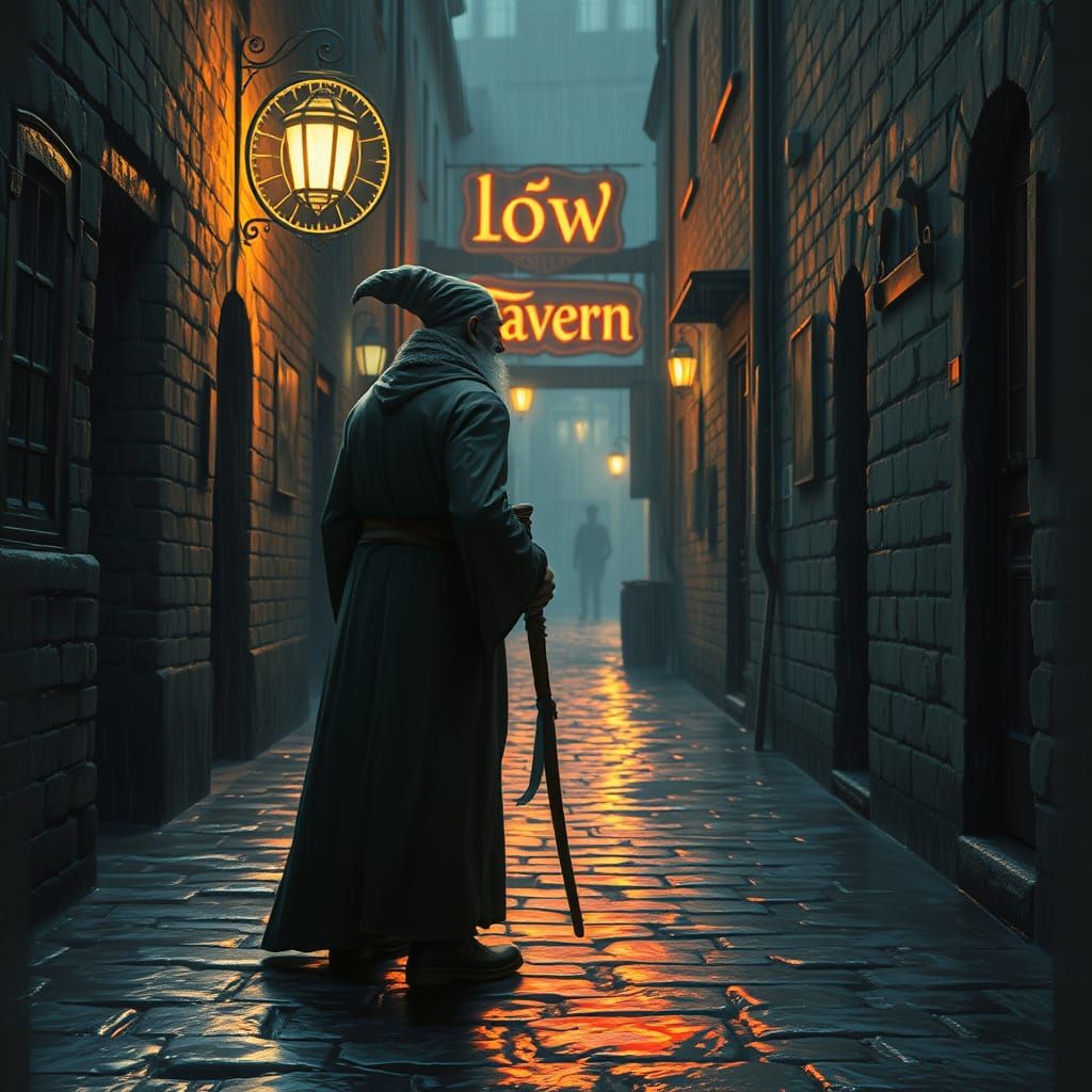 Elderly Wizard in Rainy Alleyway, Oil Painting Style