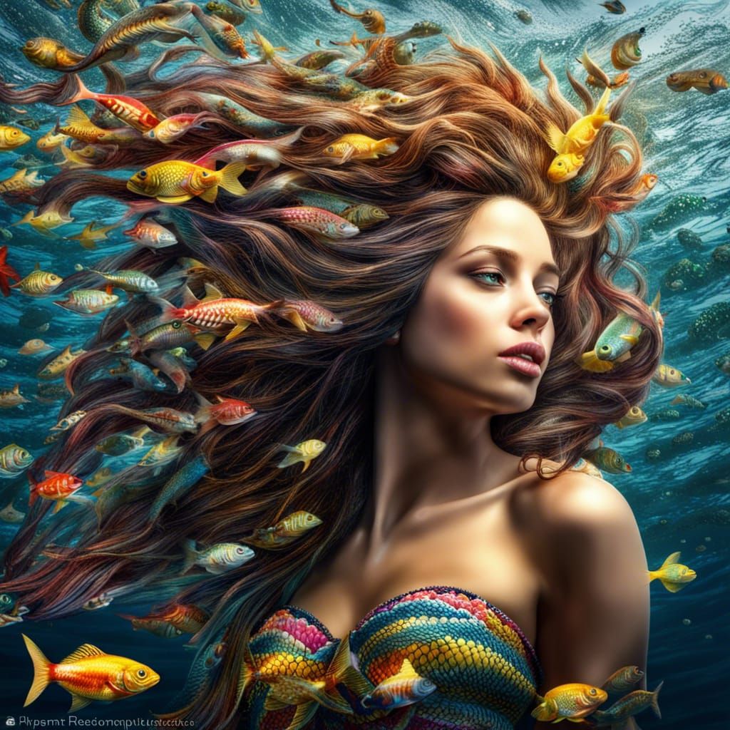 Golden-Haired Mermaid with Fish in Hyperrealistic Style