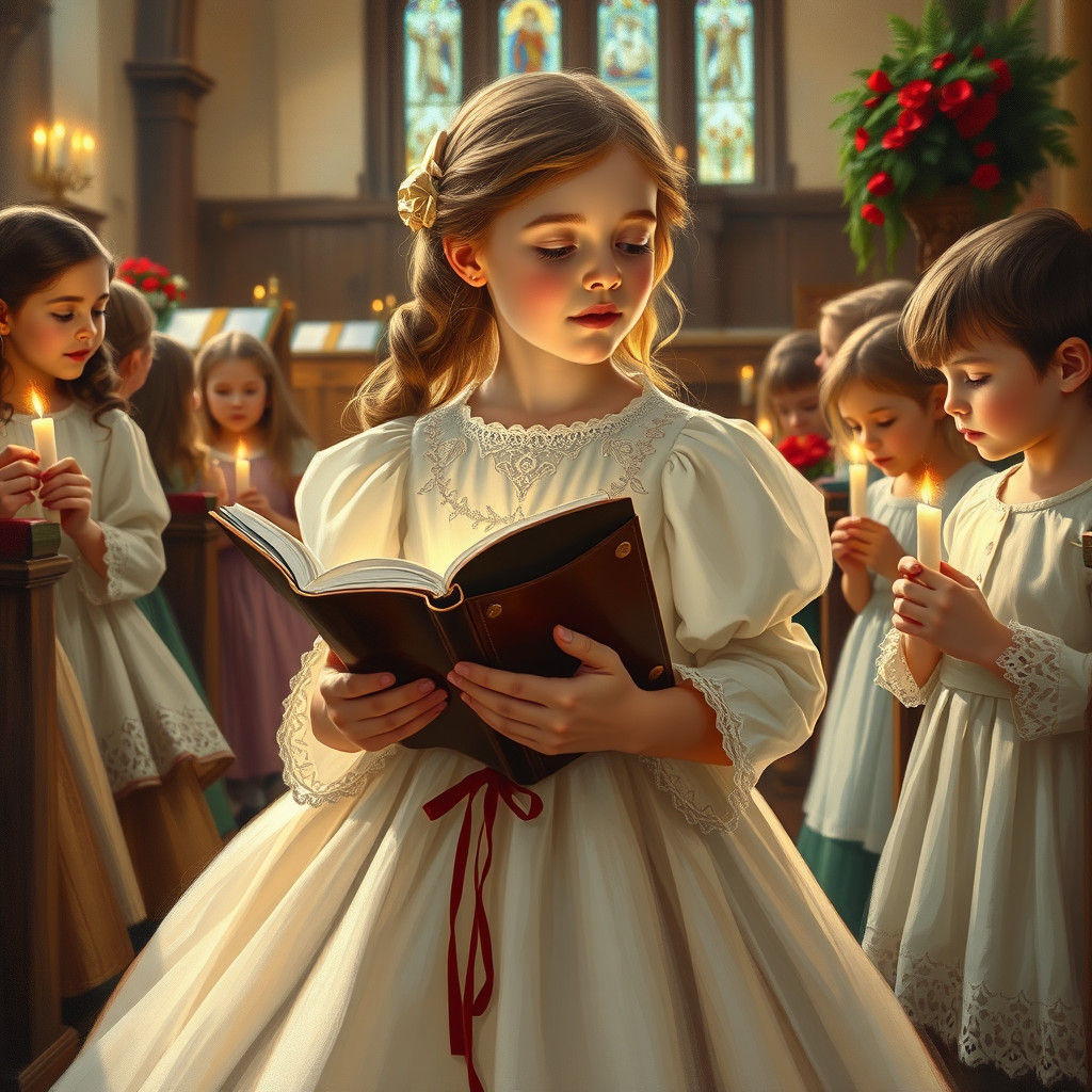 Young Girl Sings in a Warm Church with Candles and Flowers