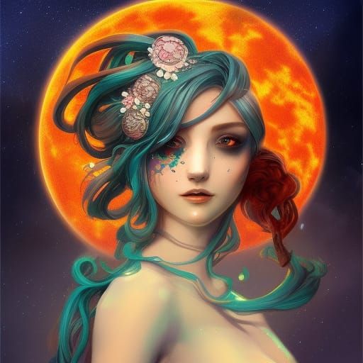 Moon Goddess in Orange and Teal, Hyperdetailed Art