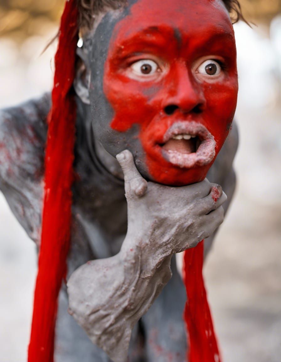 Mud-Covered Dancer Holding Tribal Mask