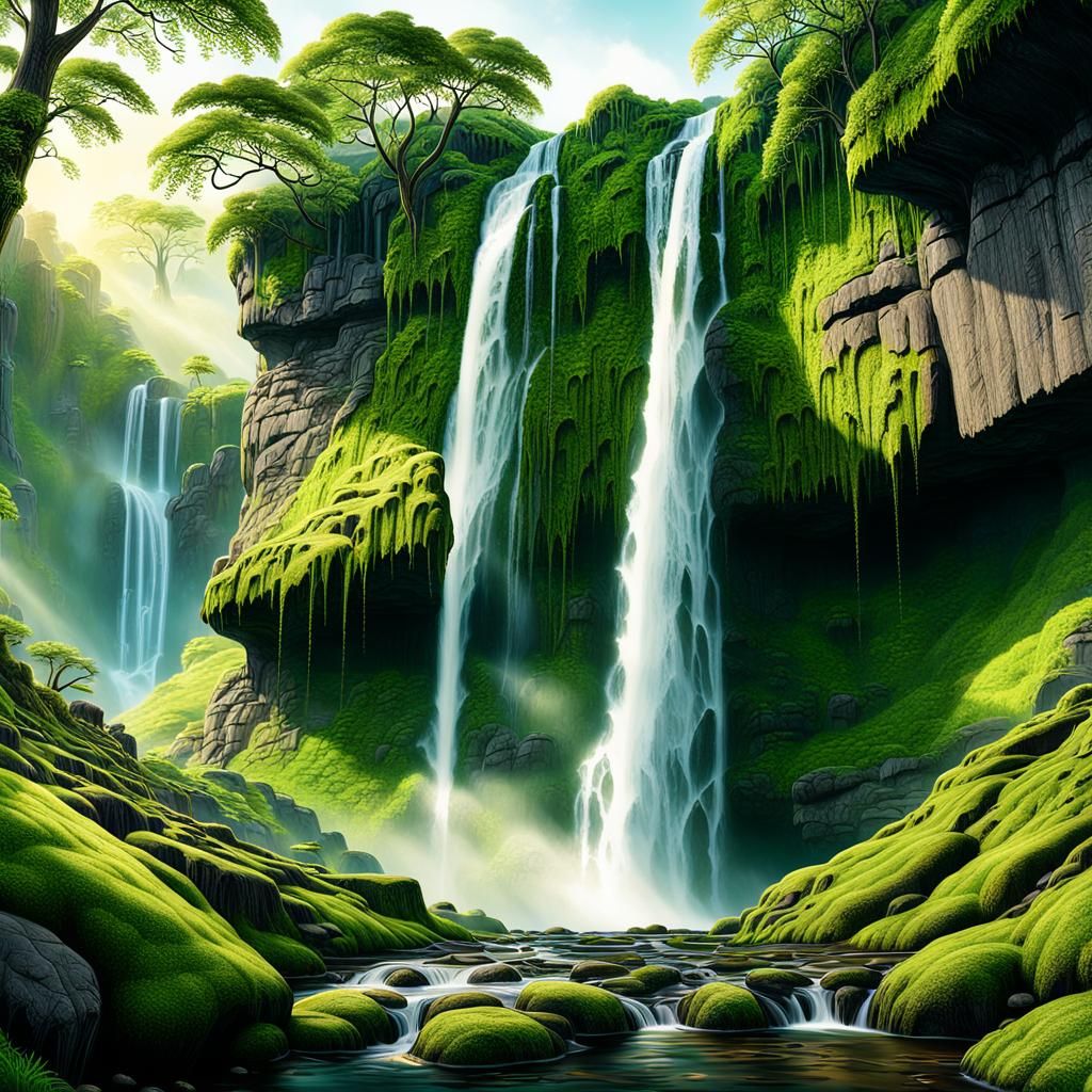 Serene Waterfall Cascades in Golden Hour Light