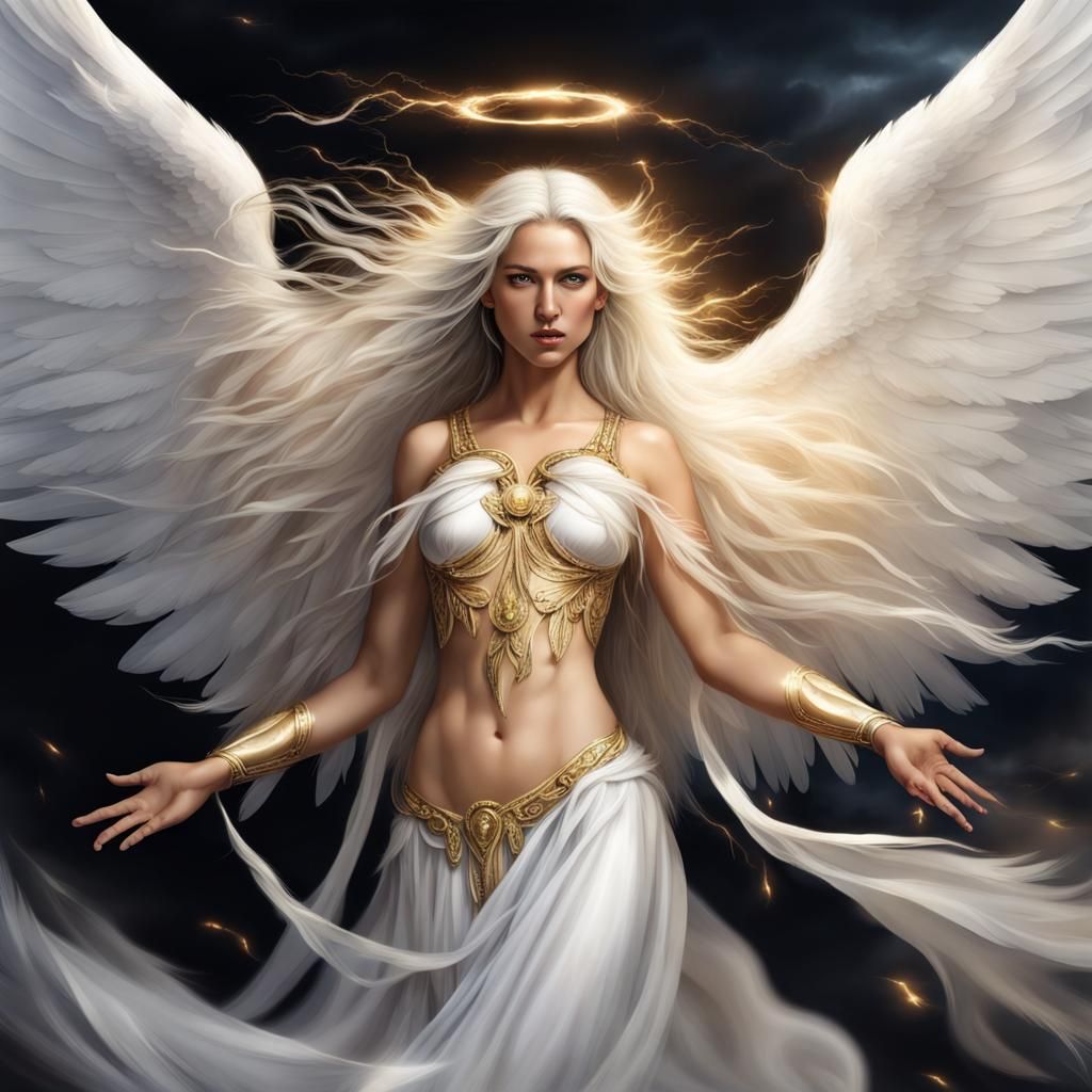 Photorealistic Angel with White Wings and Lightning