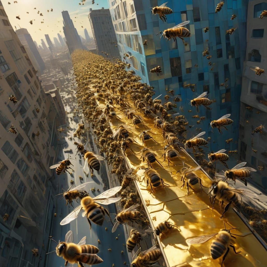 Bees flies over a city for conquer it