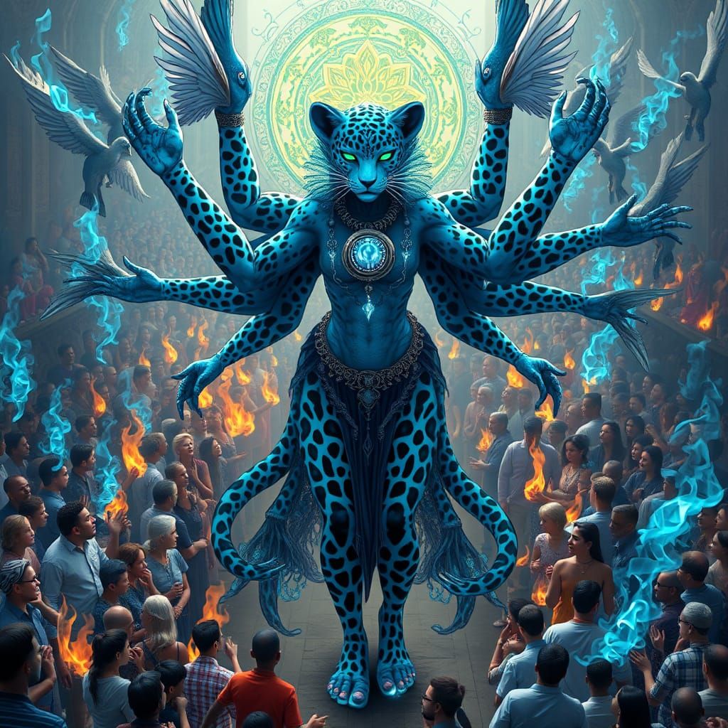 Blue Leopard Woman in Crowded Divine Gathering