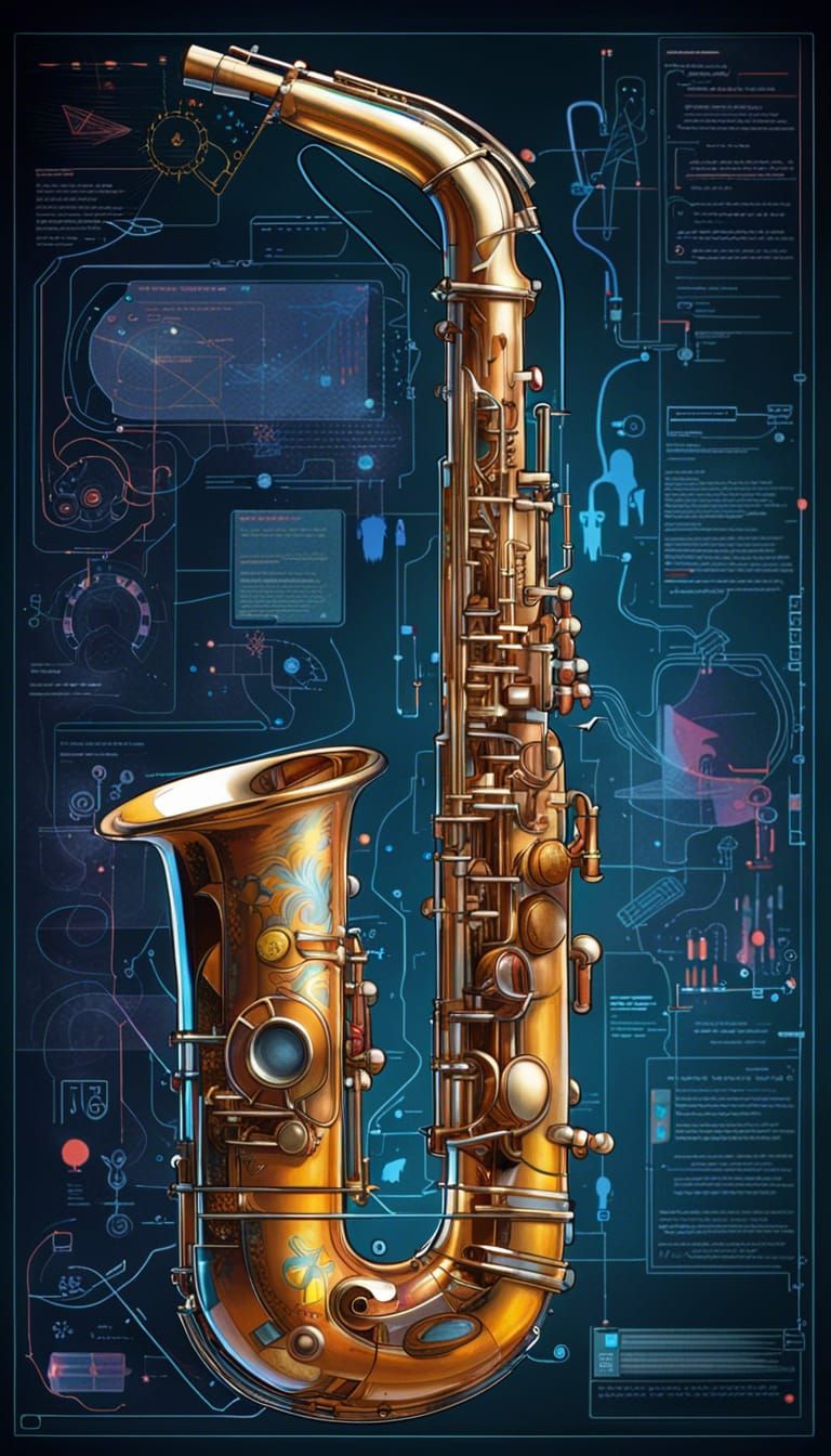 Cyberpunk Saxophone Technical Diagram in Splash Art Style