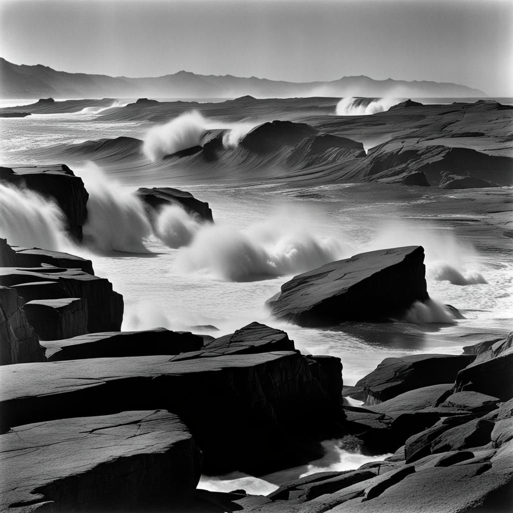 Dramatic Ocean Waves in Ansel Adams Style