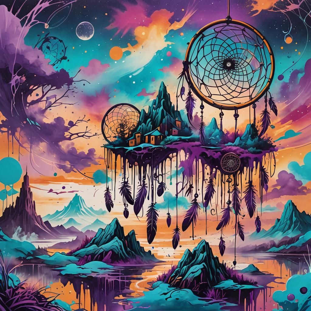 Surreal Graffiti Art with Floating Islands and Dreamcatchers