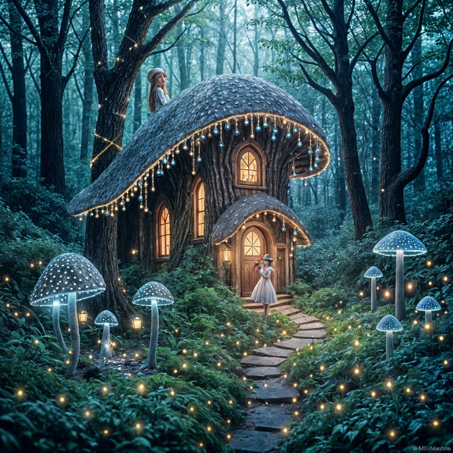 Girl in Mushroom Hat Enters Bioluminescent Forest
