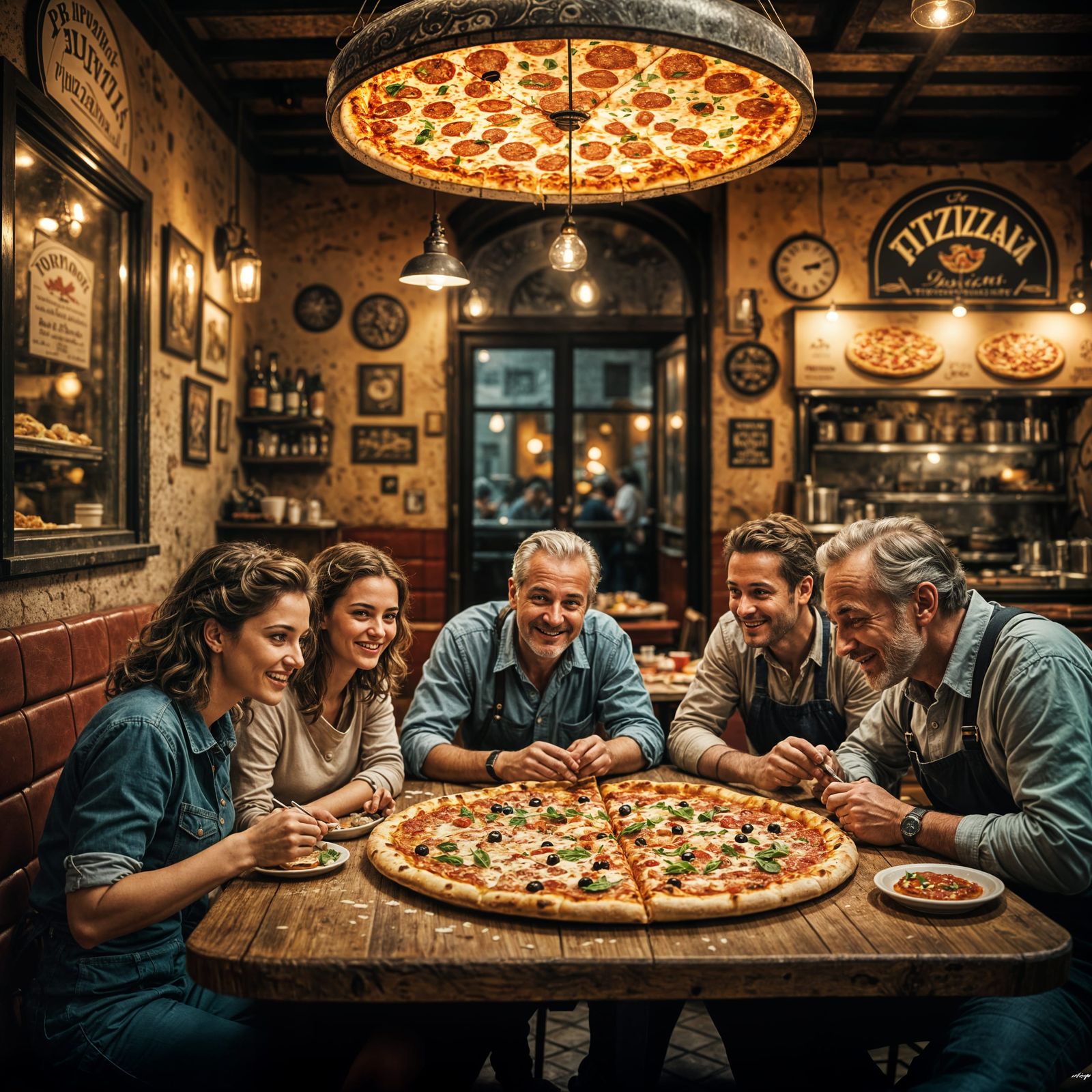 Retro Italian Pizzeria Scene with Happy Characters