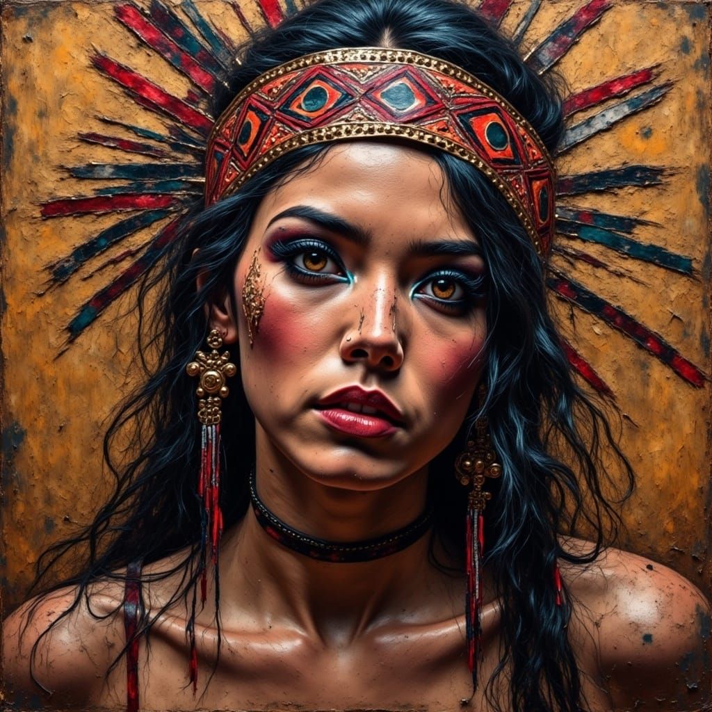 Sultry Aztec Princess in Dystopian Oil Painting