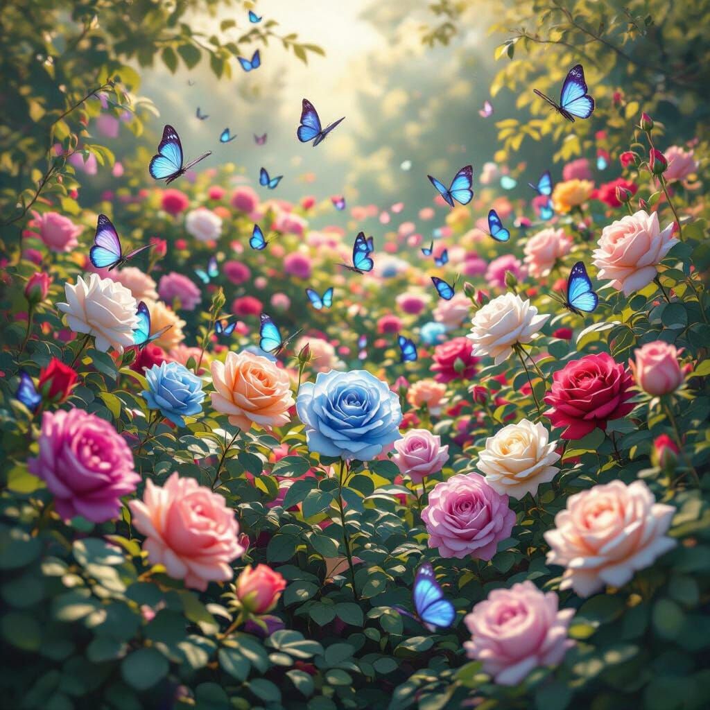 Lush Garden of Roses with Iridescent Butterflies