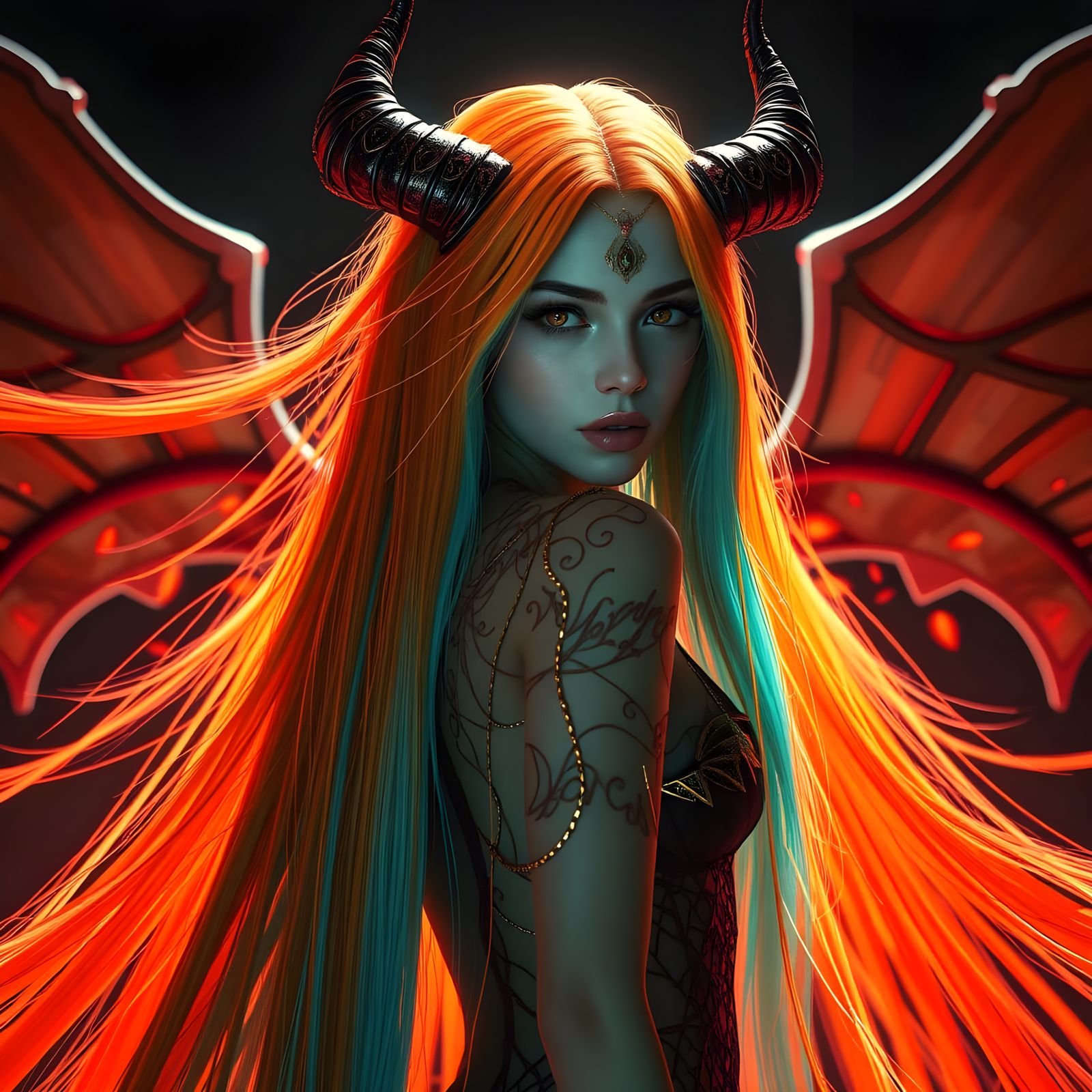 Anime Demon Beauty Queen in Orange and Teal