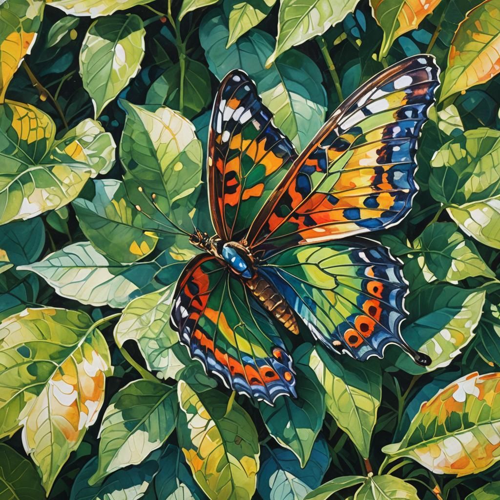 Impressionistic Gouache Butterfly on Leaf Close-Up