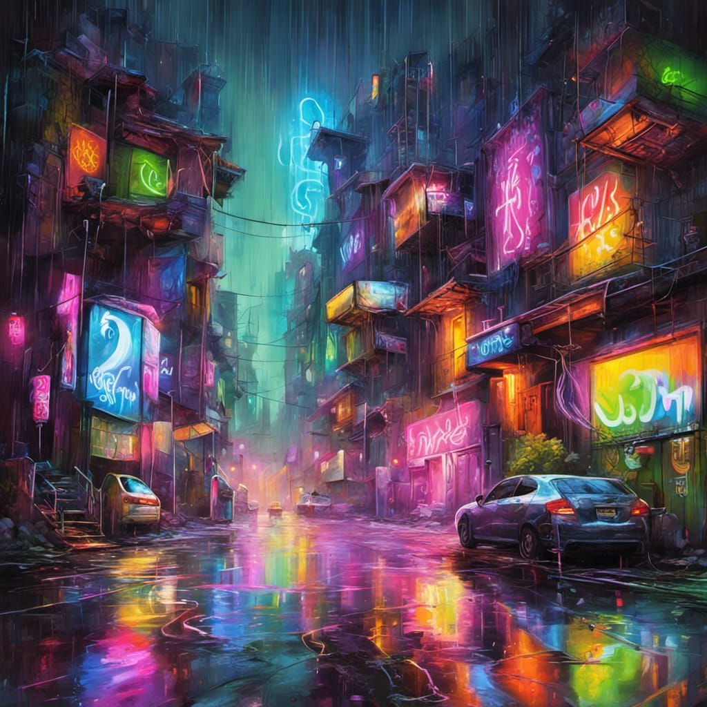 Neon Fantasy Cityscape in Rainstorm: Graffiti Art