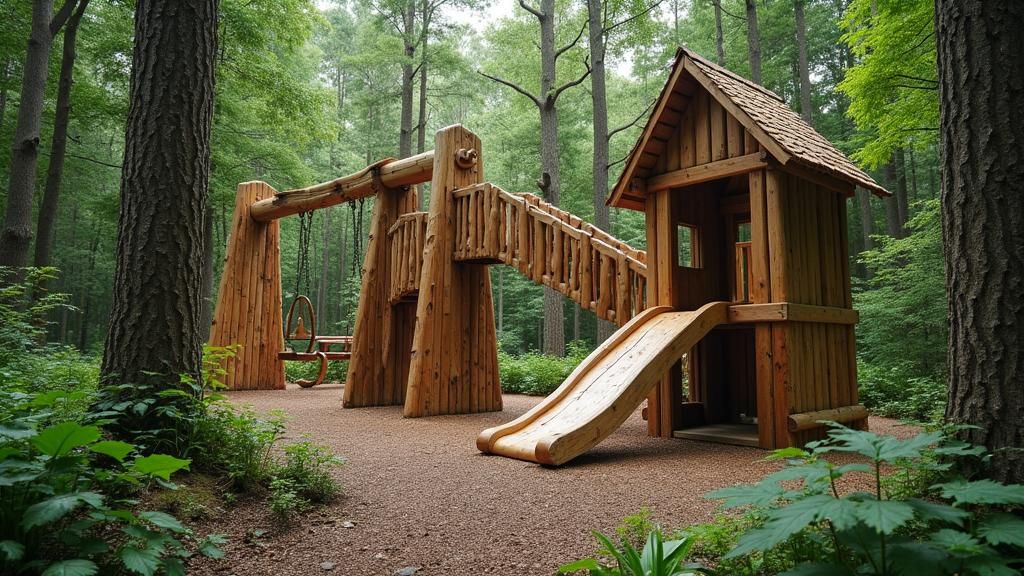 Rustic Wooden Playground in Dense Forest, Dreamlike Art