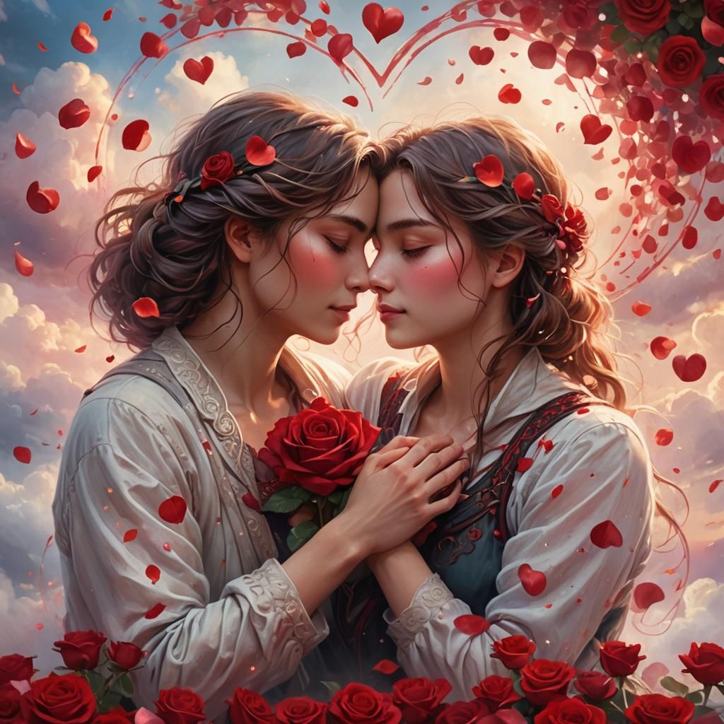 Romantic Couple in Rose Petal Cloudscape, Fantasy Digital Ar...