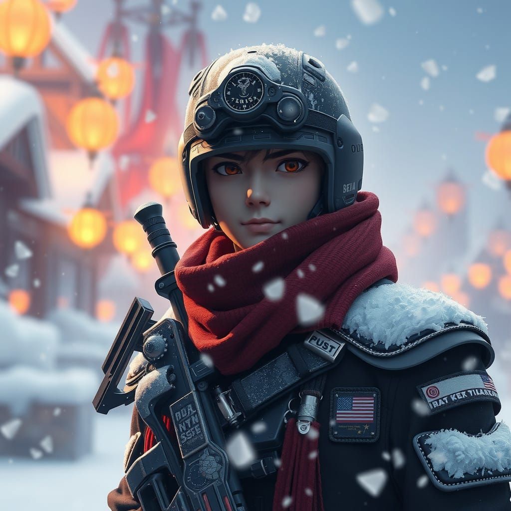 Scifi Soldier Anime Boy in a snow storm...