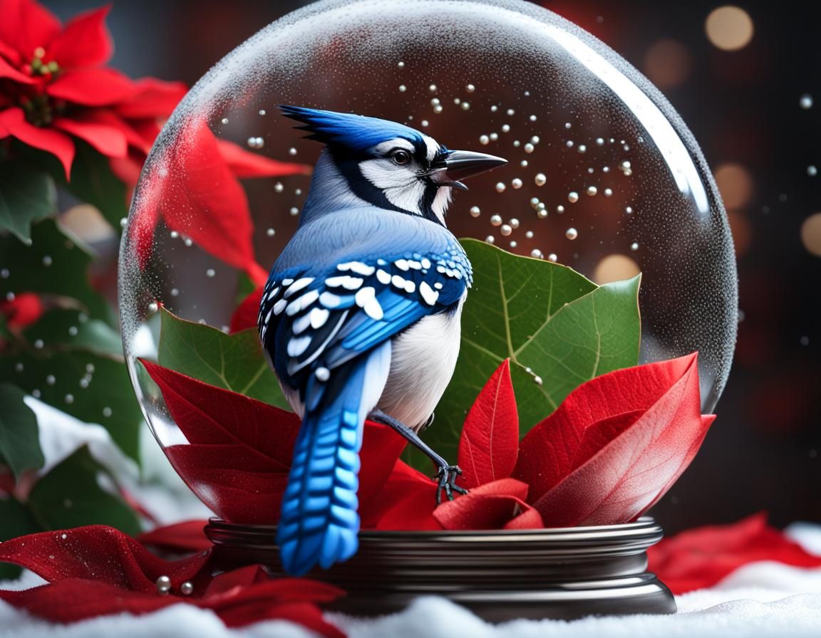 Bluejay and Poinsettia Globe: Hyperdetailed Christmas Portra...