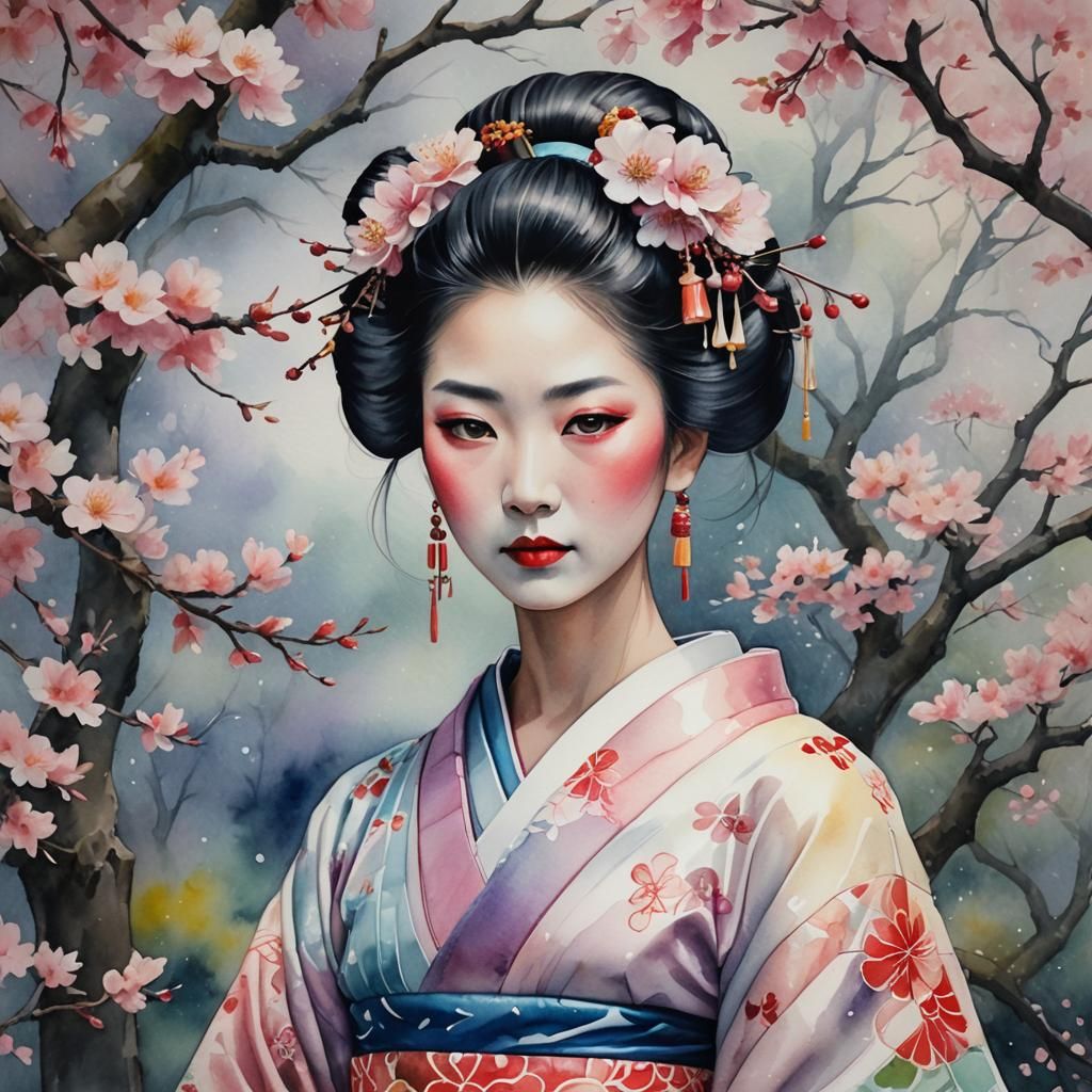 Geisha Portrait in Watercolor Fantasy Fairytale Style