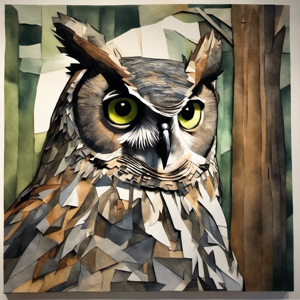 Great Horned Owl in Forest: Abstract Cubism Watercolor