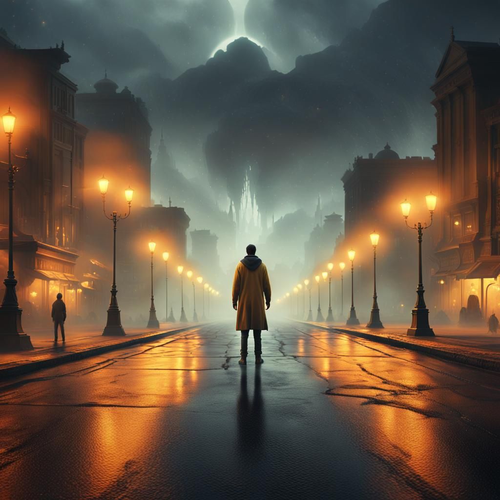 Figure on Fog-Shrouded Road in Golden Light