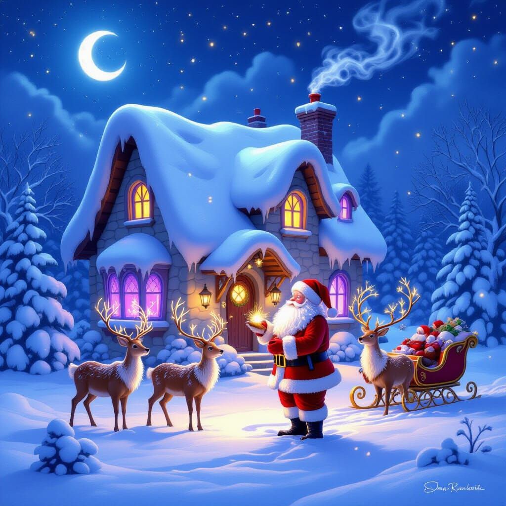 Whimsical Moonlit Cottage with Santa and Magical Deer