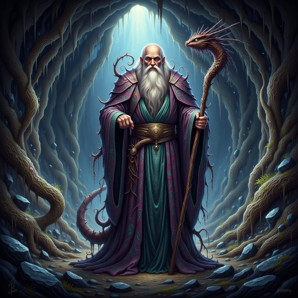 Ancient Wizard with Jewel Dragon in Lit Cave