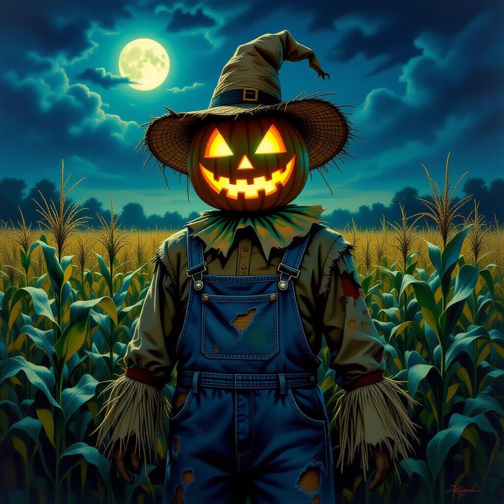 Surrealist Scarecrow with Glowing Pumpkin Head in Moonlit Fi...