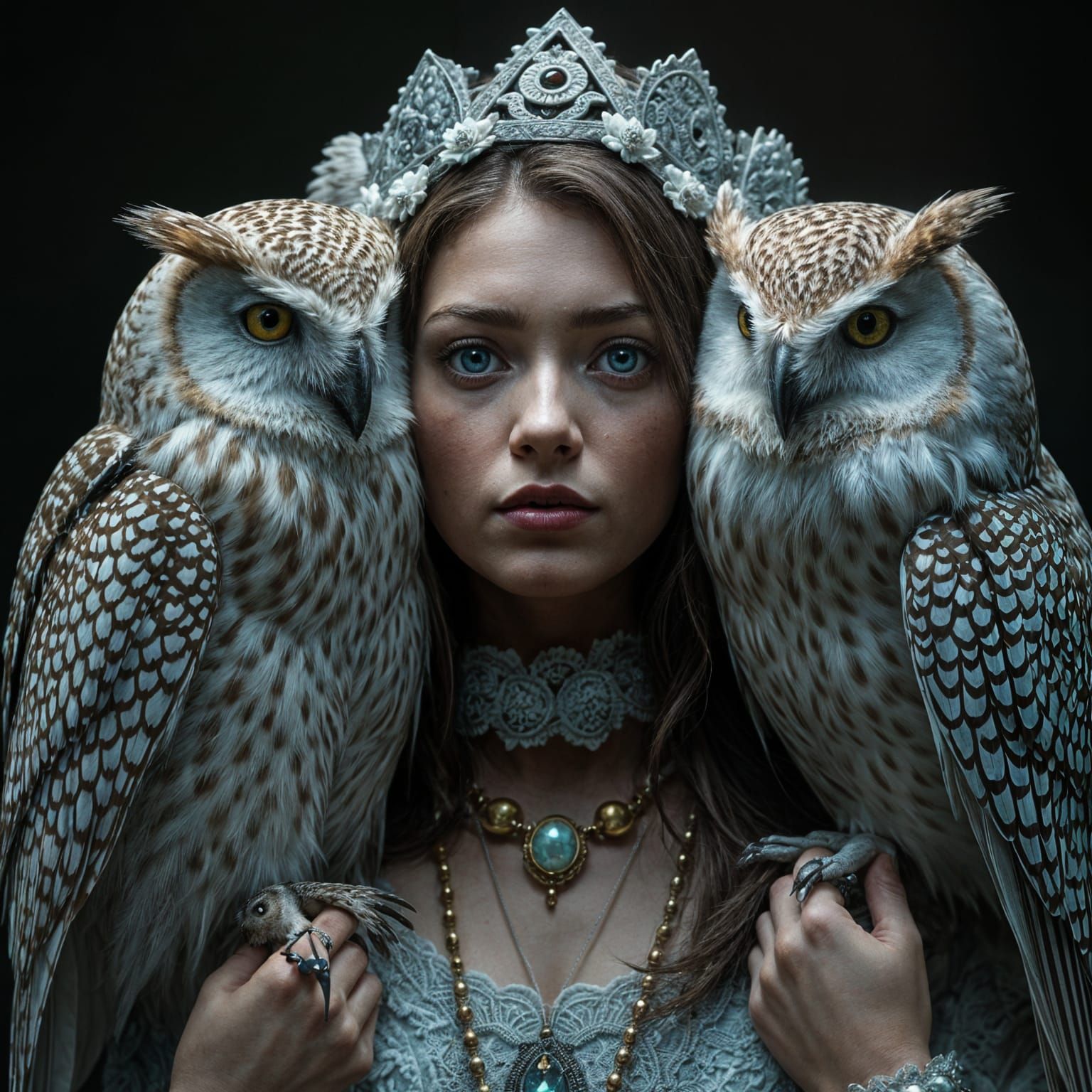 Ethereal Woman with Owls in Renaissance Style