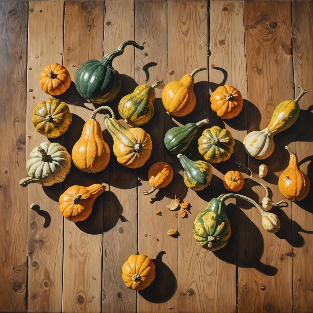 Gourds on Rustic Table in Warm Autumn Oil Painting